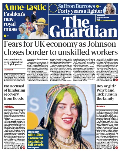 The Guardian (UK) Newspaper Front Page for 19 February 2020