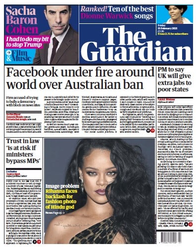 The Guardian Newspaper Front Page for 19 February 2021