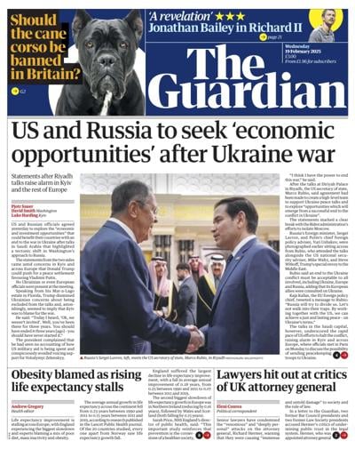 The Guardian (UK) Newspaper Front Page for 19 February 2025