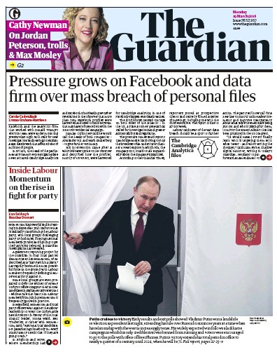 The Guardian Newspaper Front Page for 19 March 2018