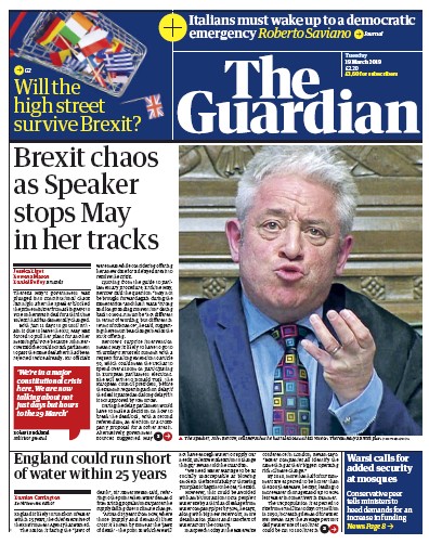 The Guardian Newspaper Front Page for 19 March 2019
