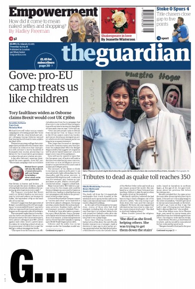 The Guardian Newspaper Front Page for 19 April 2016