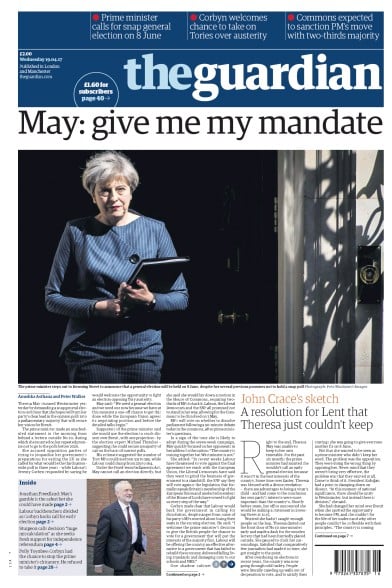The Guardian Newspaper Front Page for 19 April 2017