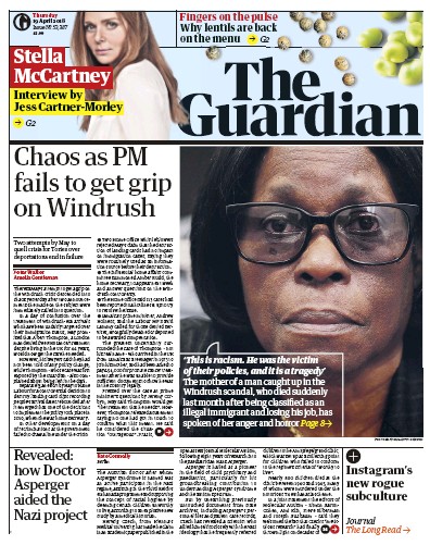 The Guardian Newspaper Front Page for 19 April 2018