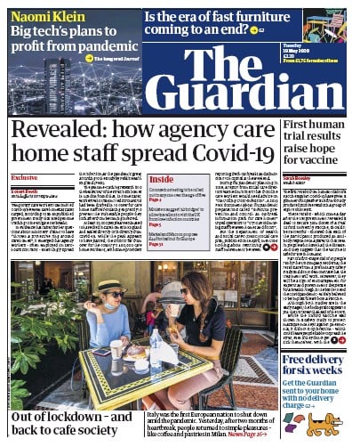 The Guardian Newspaper Front Page for 19 May 2020