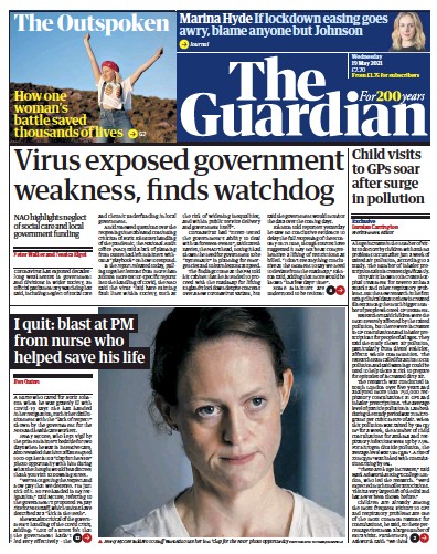 The Guardian Newspaper Front Page for 19 May 2021