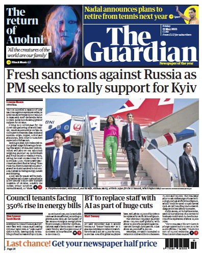 The Guardian (UK) Newspaper Front Page for 19 May 2023