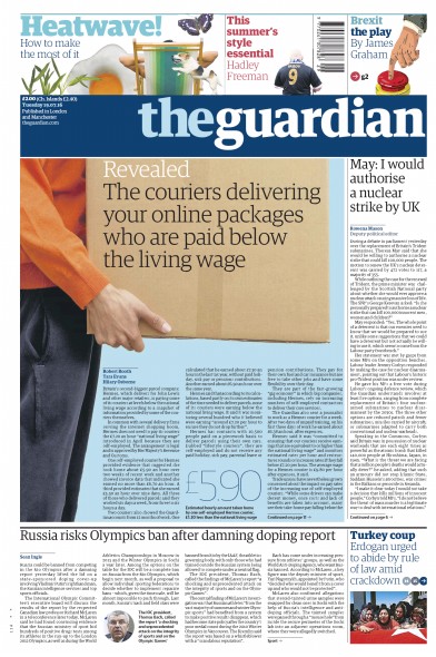 The Guardian (UK) Newspaper Front Page for 19 July 2016