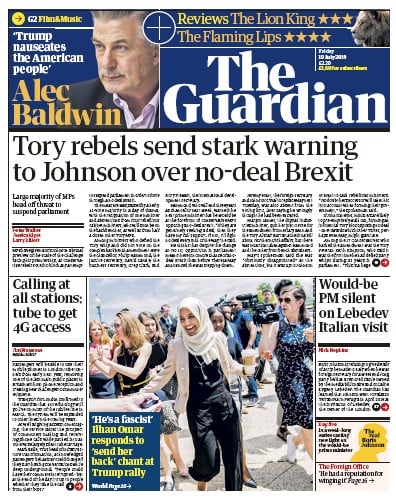 The Guardian (UK) Newspaper Front Page for 19 July 2019
