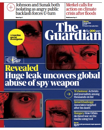 The Guardian (UK) Newspaper Front Page for 19 July 2021