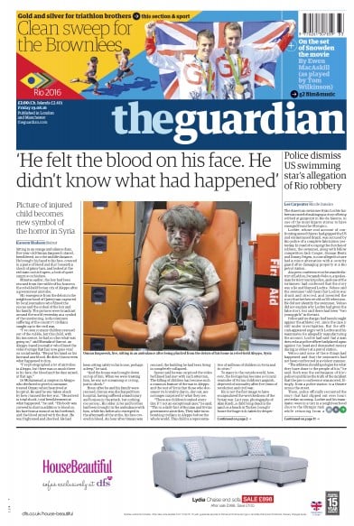 The Guardian Newspaper Front Page for 19 August 2016
