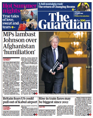 The Guardian (UK) Newspaper Front Page for 19 August 2021