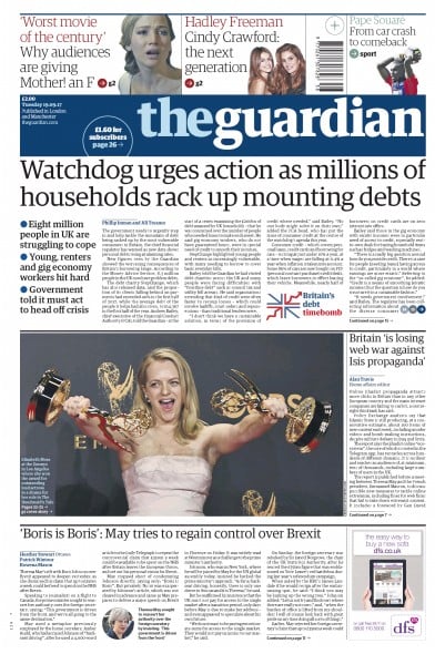 The Guardian Newspaper Front Page for 19 September 2017