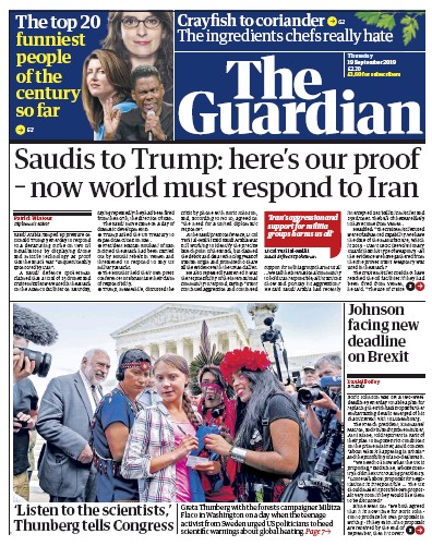The Guardian Newspaper Front Page for 19 September 2019