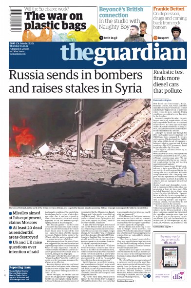 The Guardian (UK) Newspaper Front Page for 1 October 2015