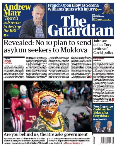 The Guardian Newspaper Front Page for 1 October 2020