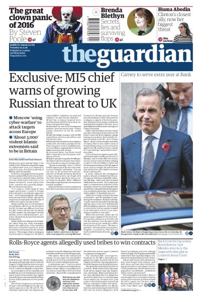 The Guardian (UK) Newspaper Front Page for 1 November 2016