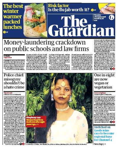 The Guardian Newspaper Front Page for 1 November 2018