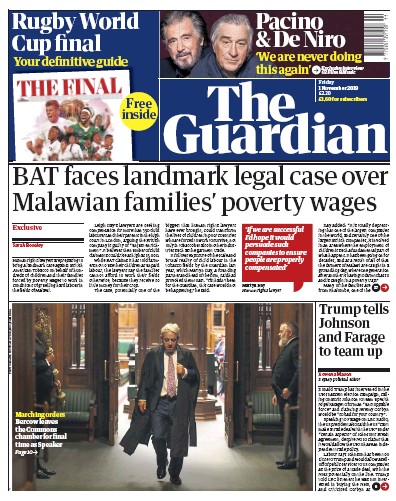 The Guardian (UK) Newspaper Front Page for 1 November 2019