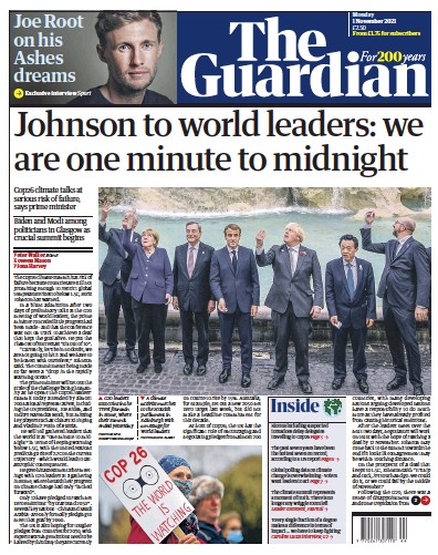 The Guardian (UK) Newspaper Front Page for 1 November 2021
