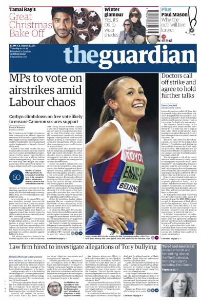 The Guardian Newspaper Front Page for 1 December 2015