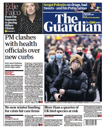 The Guardian (UK) Newspaper Front Page for 1 December 2021