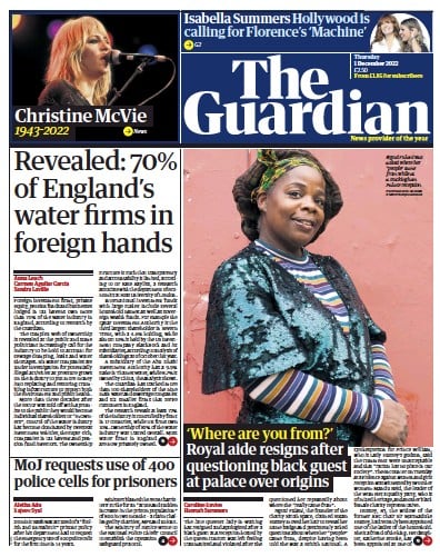 The Guardian (UK) Newspaper Front Page for 1 December 2022