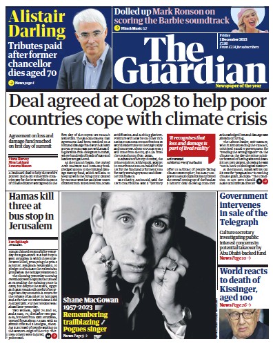 The Guardian (UK) Newspaper Front Page for 1 December 2023
