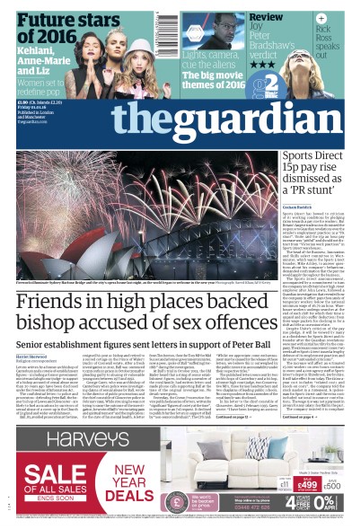 The Guardian Newspaper Front Page for 1 January 2016