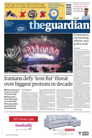 The Guardian Newspaper Front Page for 1 January 2018