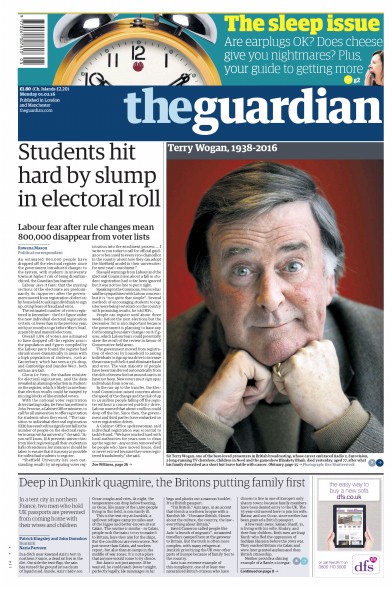 The Guardian Newspaper Front Page for 1 February 2016