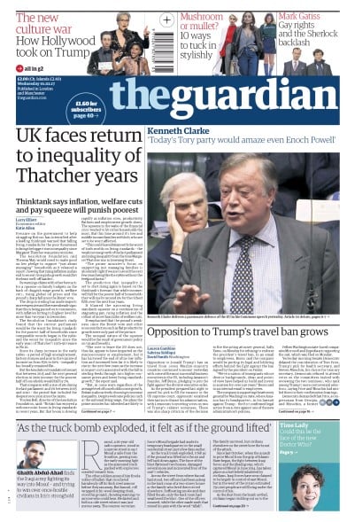 The Guardian Newspaper Front Page for 1 February 2017