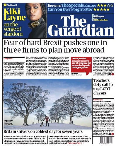 The Guardian Newspaper Front Page for 1 February 2019
