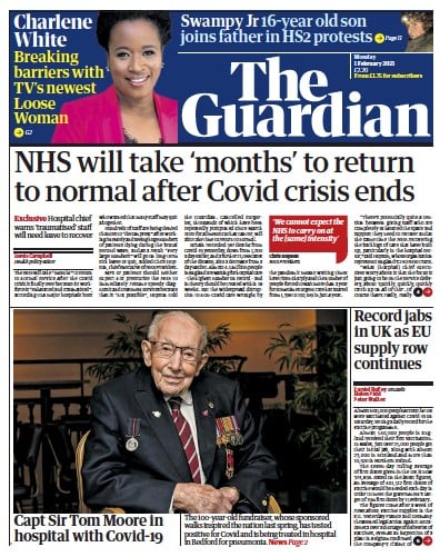 The Guardian (UK) Newspaper Front Page for 1 February 2021
