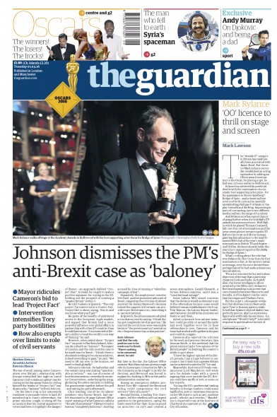 The Guardian (UK) Newspaper Front Page for 1 March 2016