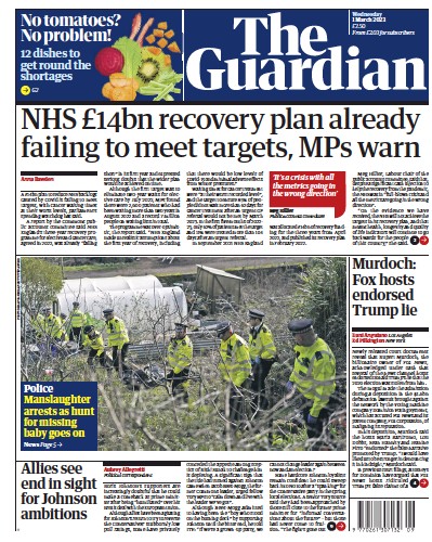 The Guardian (UK) Newspaper Front Page for 1 March 2023