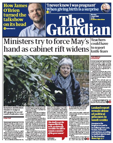 The Guardian Newspaper Front Page for 1 April 2019