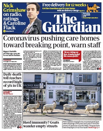 The Guardian (UK) Newspaper Front Page for 1 April 2020
