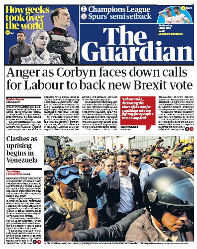 The Guardian (UK) Newspaper Front Page for 1 May 2019