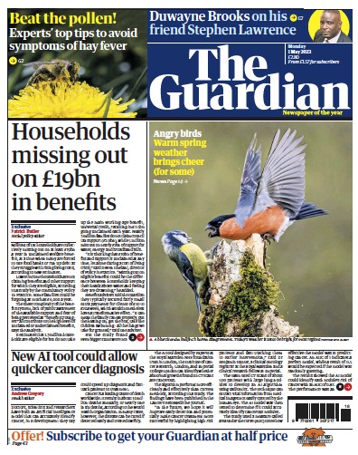The Guardian (UK) Newspaper Front Page for 1 May 2023
