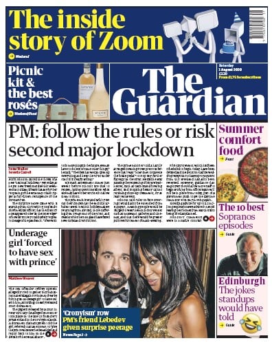 The Guardian (UK) Newspaper Front Page for 1 August 2020