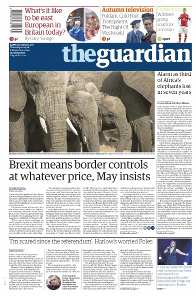 The Guardian Newspaper Front Page for 1 September 2016