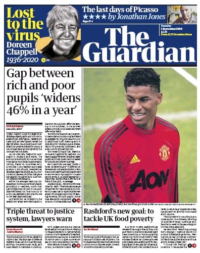 The Guardian Newspaper Front Page for 1 September 2020