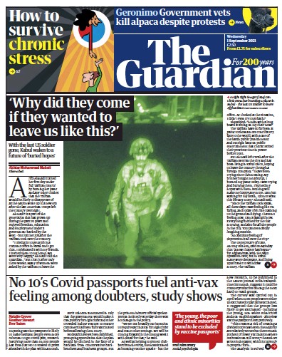 The Guardian (UK) Newspaper Front Page for 1 September 2021