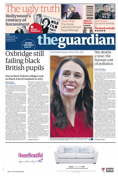 The Guardian (UK) Newspaper Front Page for 20 October 2017