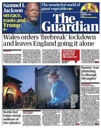 The Guardian Newspaper Front Page for 20 October 2020