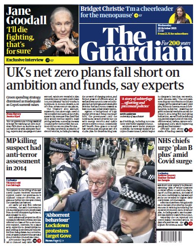 The Guardian (UK) Newspaper Front Page for 20 October 2021