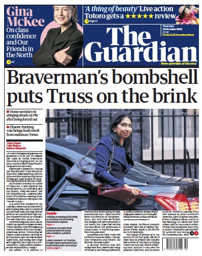 The Guardian (UK) Newspaper Front Page for 20 October 2022