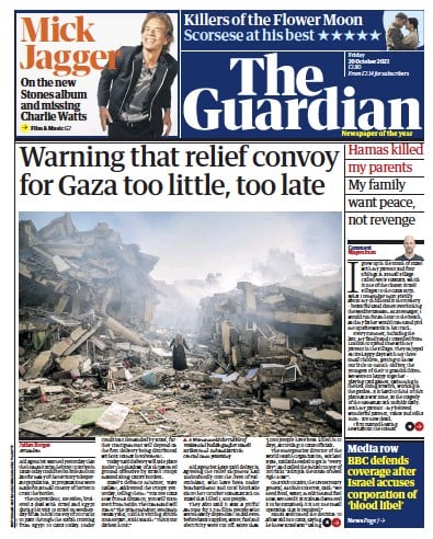 The Guardian (UK) Newspaper Front Page for 20 October 2023