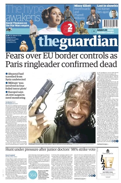 The Guardian Newspaper Front Page for 20 November 2015